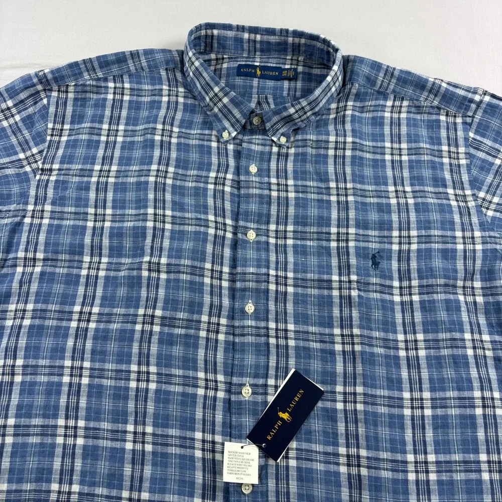Polo Ralph Lauren Linen Shirt Mens 4XB Big Blue Plaid Button Up Beach NEW
